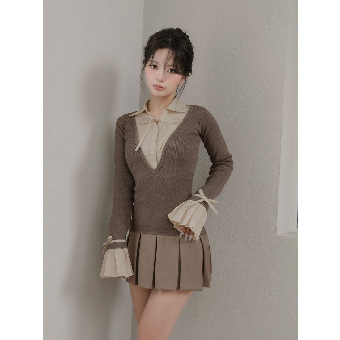 ダーリッチ Darich シャツドッキングプリーツミニワンピース （モカ