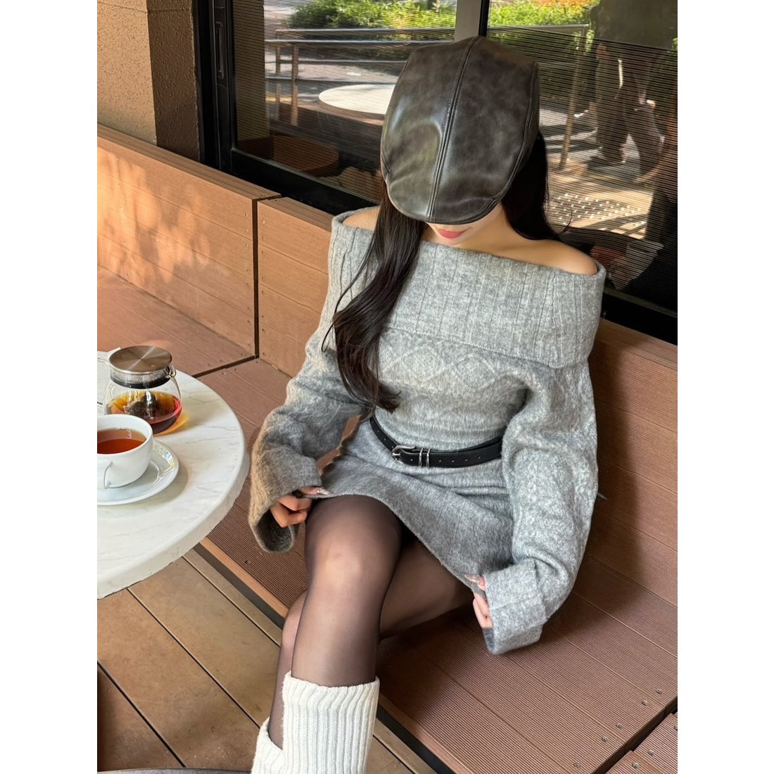 ダーリッチ Darich ヘアリーオフショルニットミニワンピース （グレー