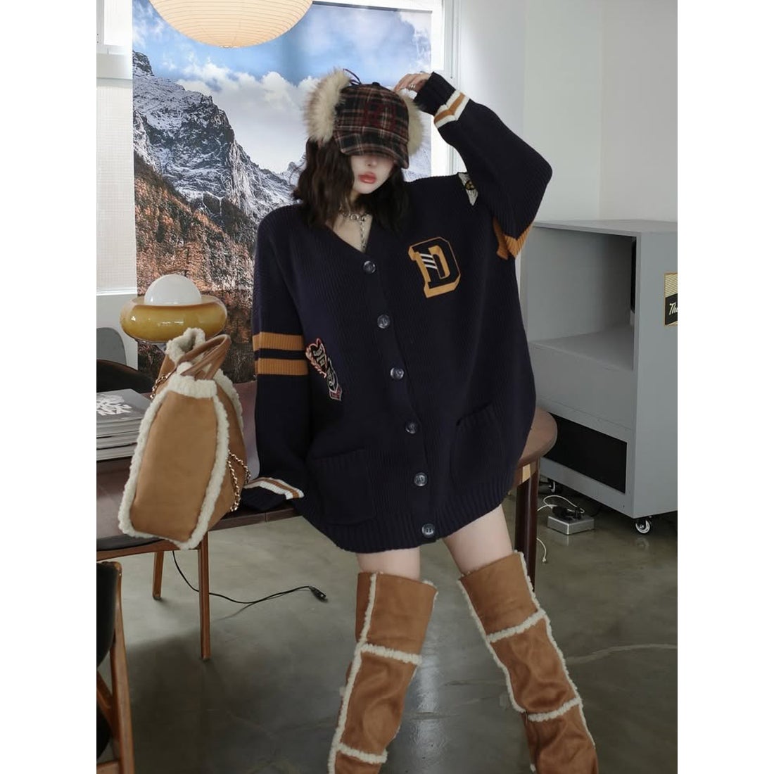 ダーリッチ Darich カレッジワッペンVネックニットカーディガン