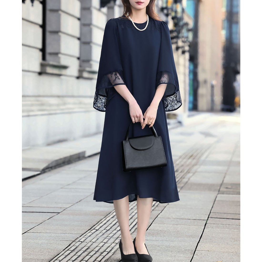 フロリア Flolia 【喪服・礼服】レース切替えフレアスリーブIライン