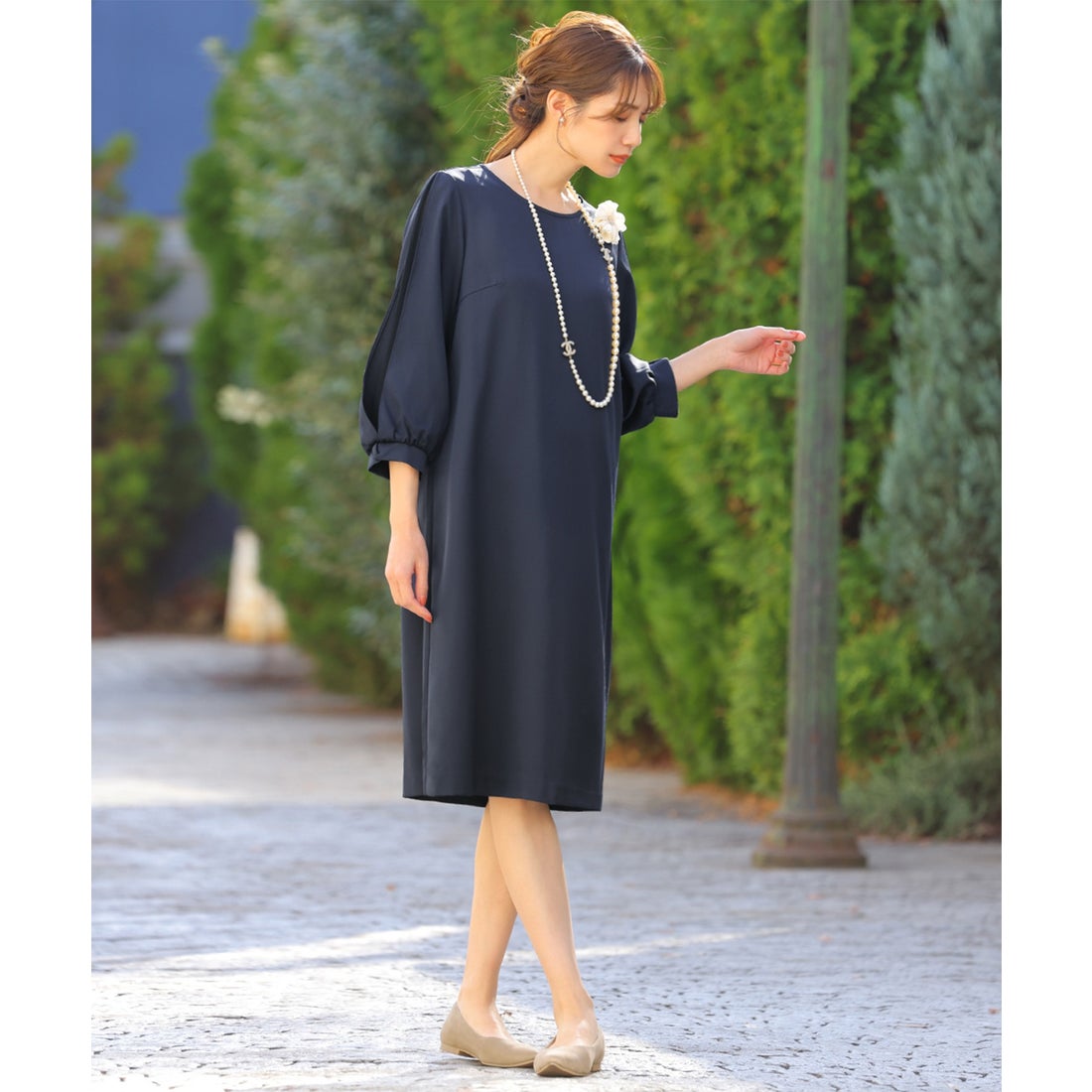 フロリア Flolia 【喪服 礼服】スリットスリーブ ワンピース ブラック