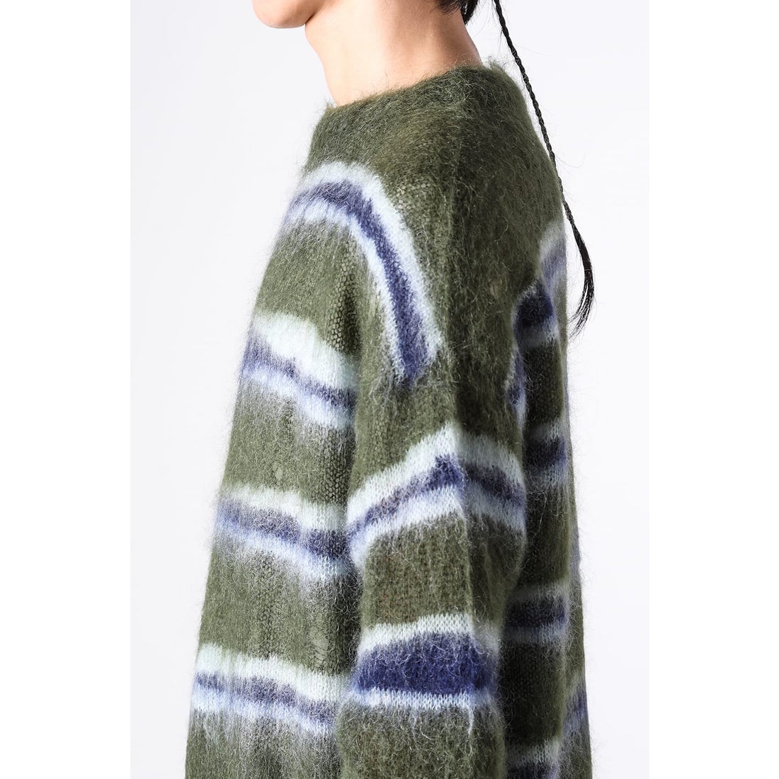 カミヤ KAMIYA Distressed Border Mohair Sweater （Khaki） -FASCINATE