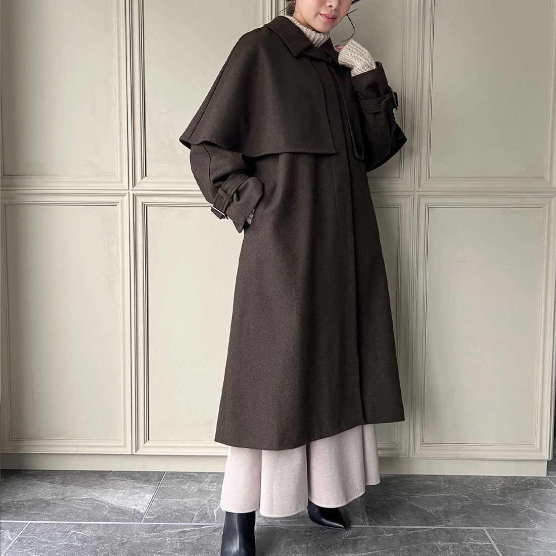 ジュノア JUNOAH 2wayステンカラーケープコート （ダークブラウン