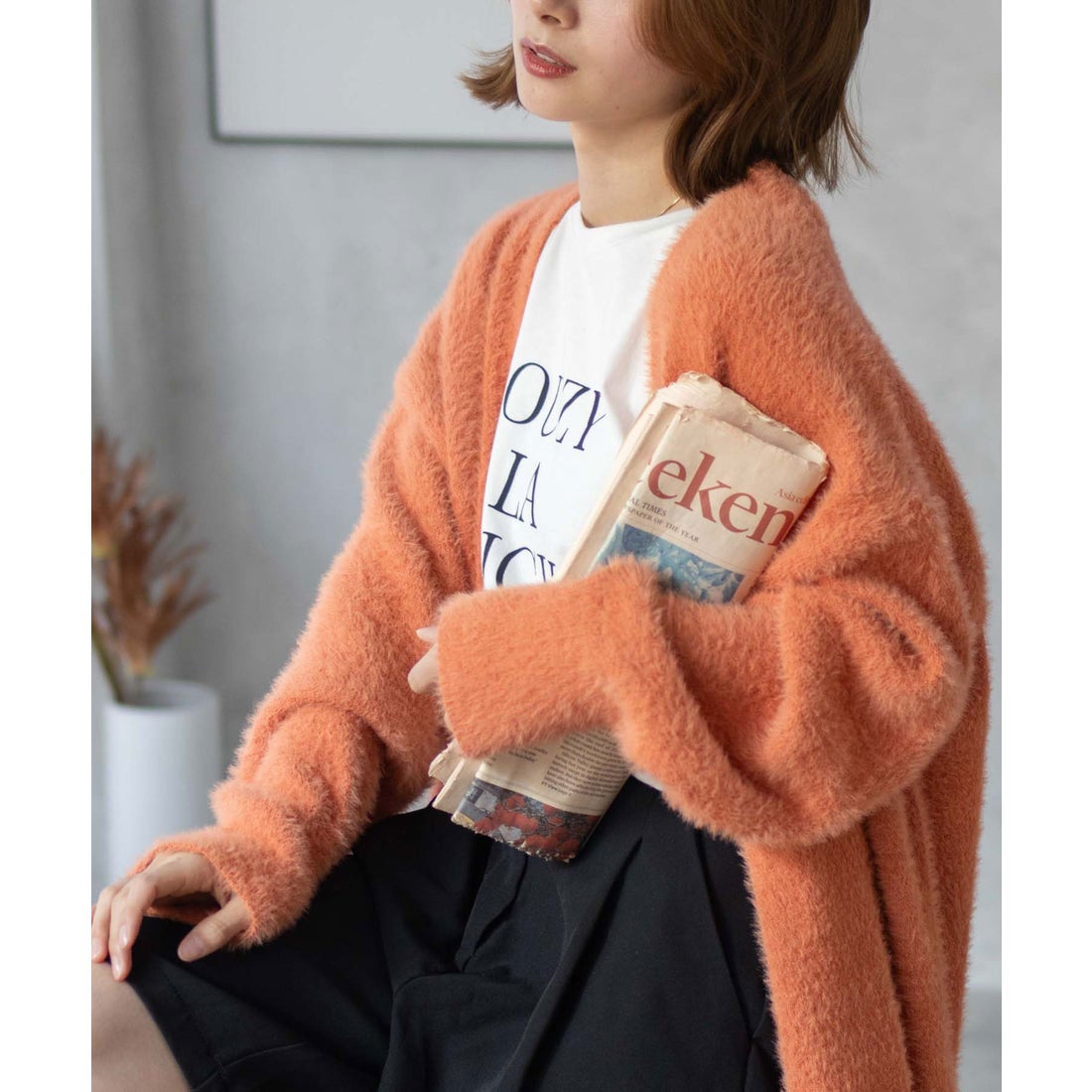 マックハウス Mac-House フェザー素材ロングカーディガン （オレンジ