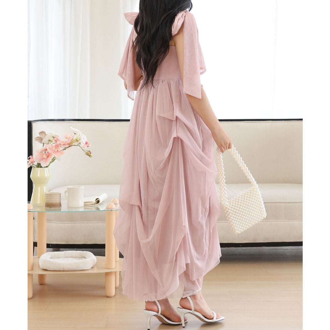 レースレディース Lace Ladies 肩リボン ドレープ チュール ロング