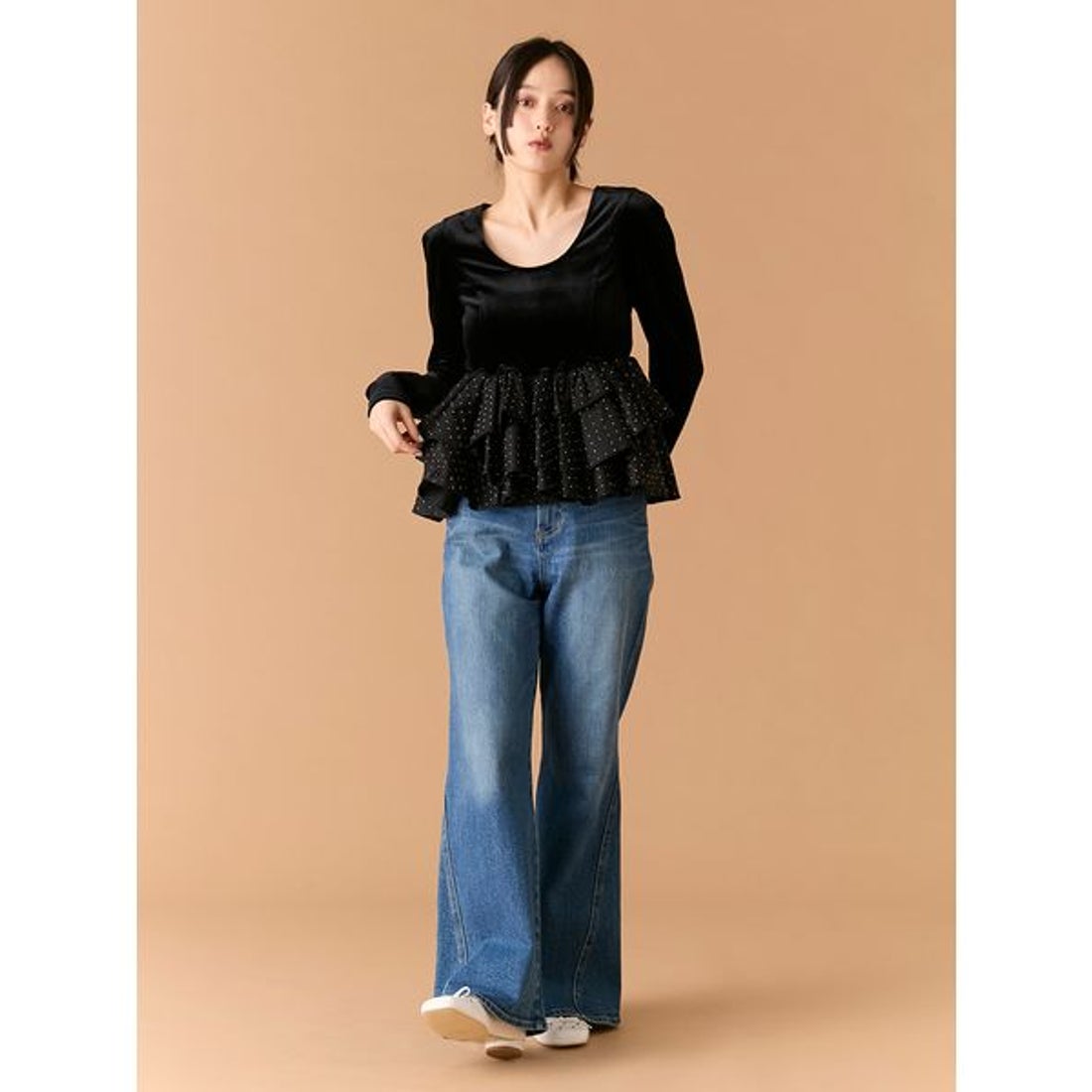 リリーブラウン LILY BROWN ベロアペプラムフリルトップス （CGRY