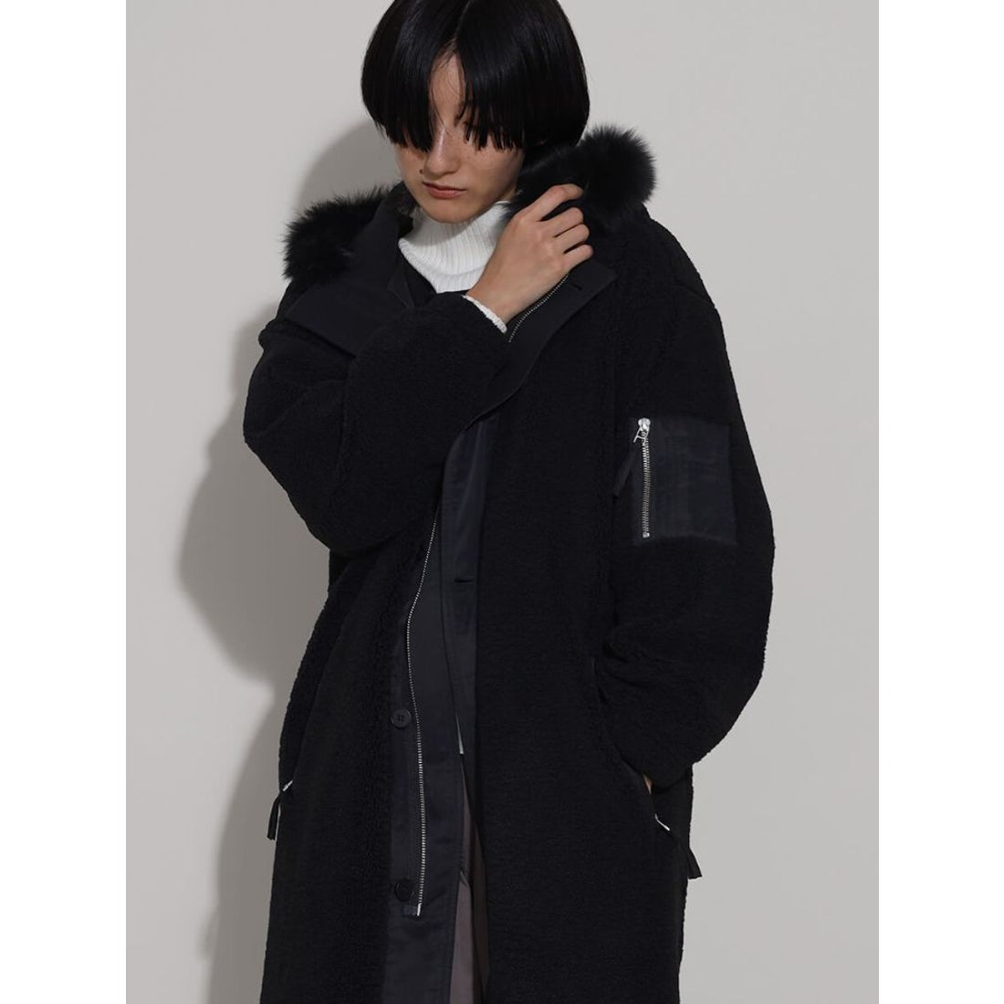 ラシュッド LASUD ファーフーデッドボアコート （ブラック