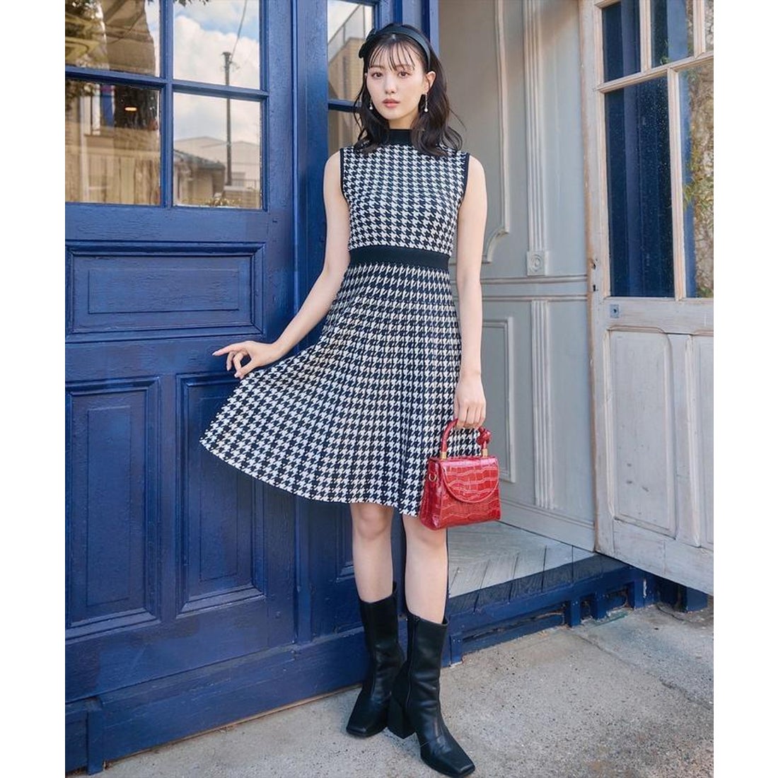 スウィングル SWINGLE 9/27発売ボトルネック千鳥柄ノースリーブニット