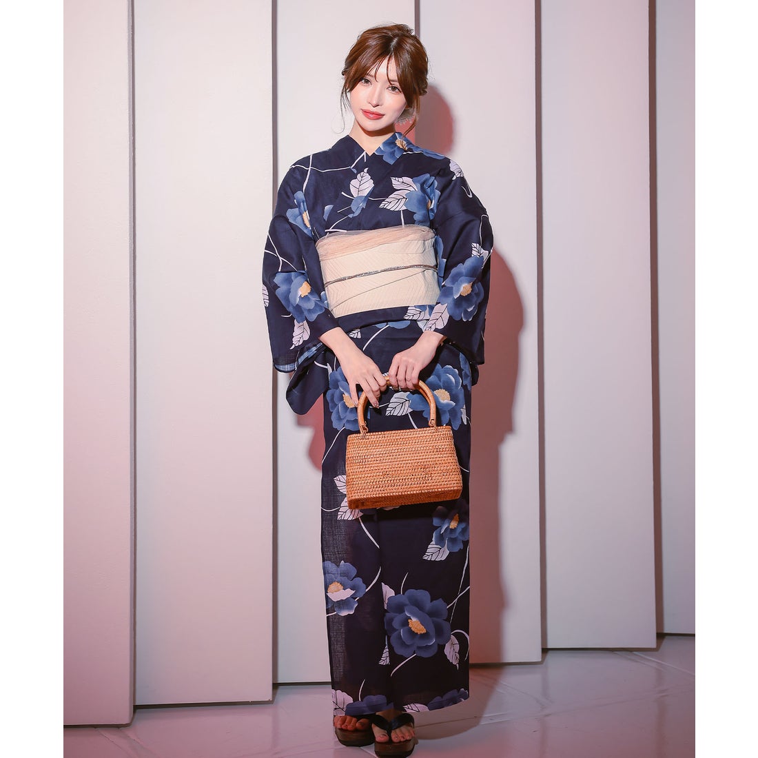 レティカ Retica 浴衣レディース紺地青椿ゆかた2点セット (浴衣+平帯