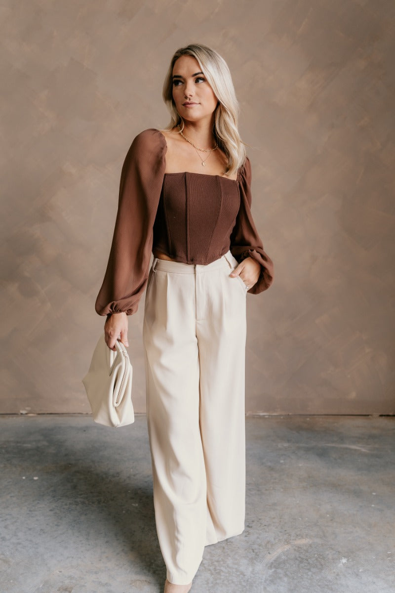 Brown Cropped Corset Top – Sheer Puff Sleeve Square Neck Top