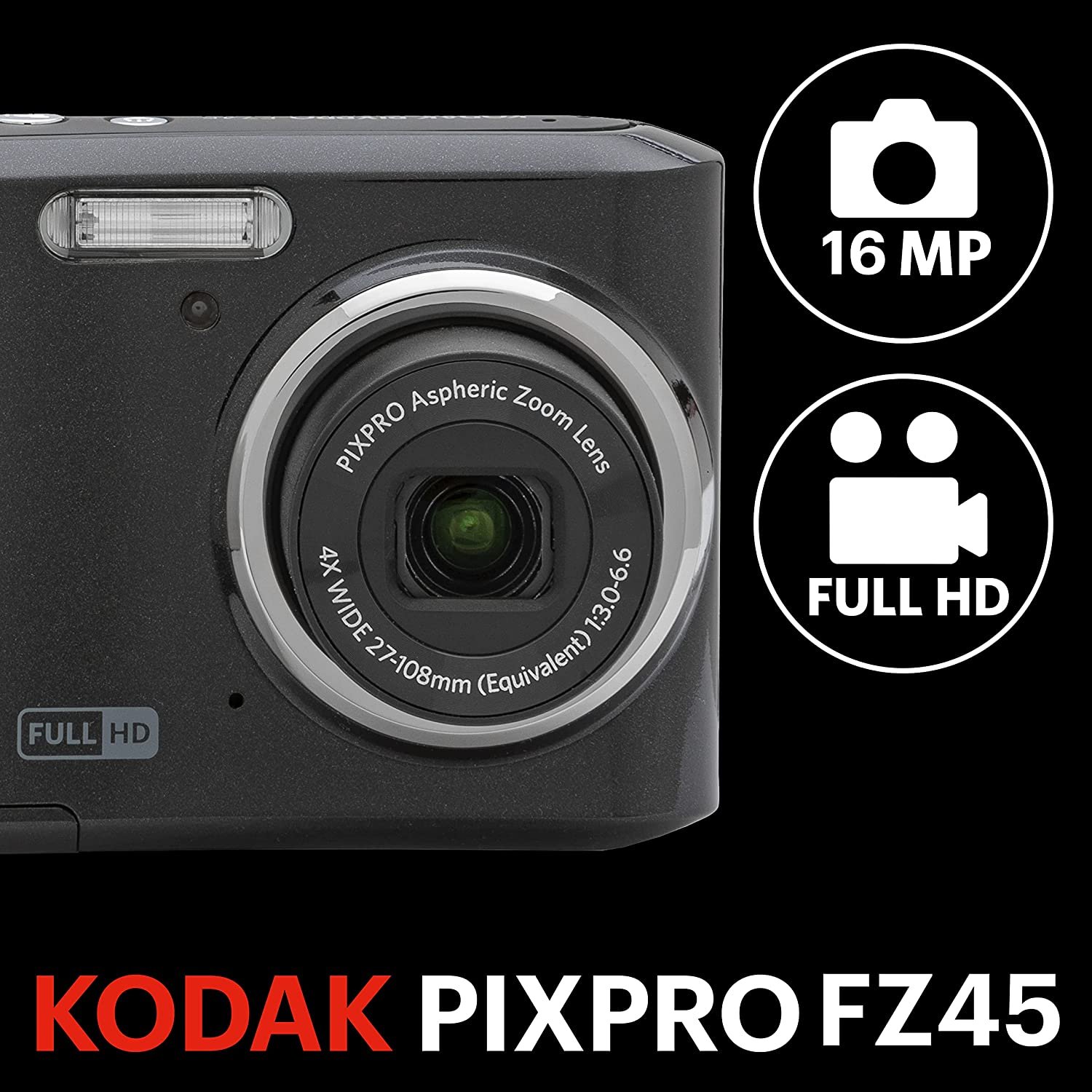 Kodak Pixpro FZ45 Digital Camera (Black) (Free 16GB Memory Card