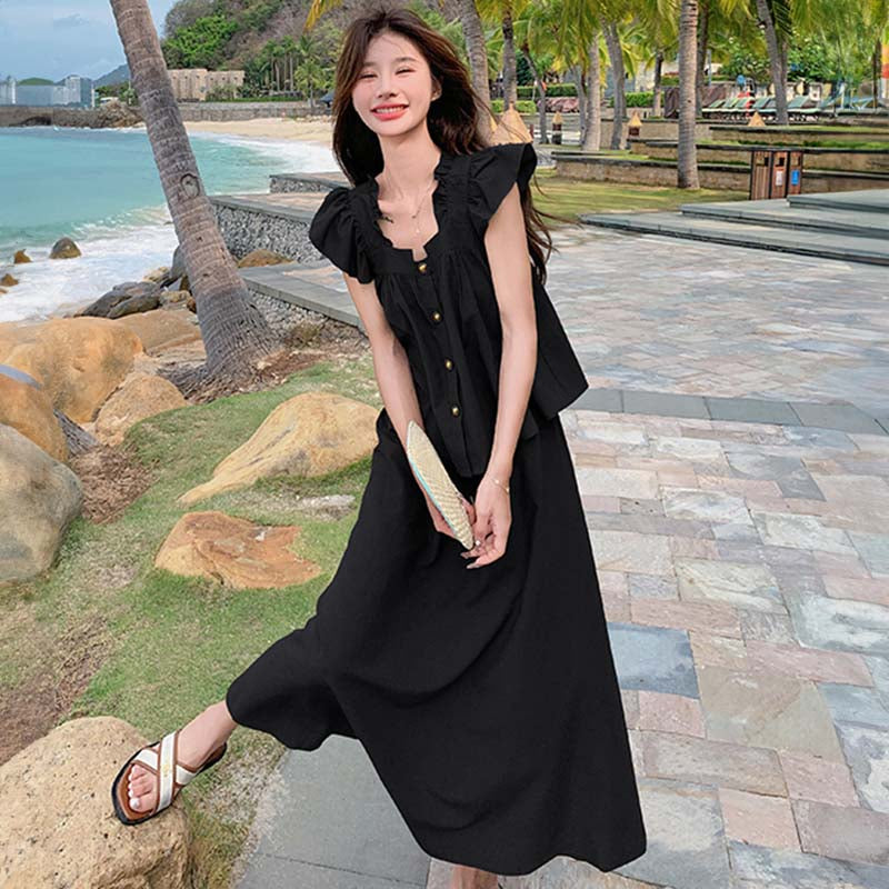 スクエアネックフレアセットアップ(2colors)（茶・黒）春/夏 頑張り