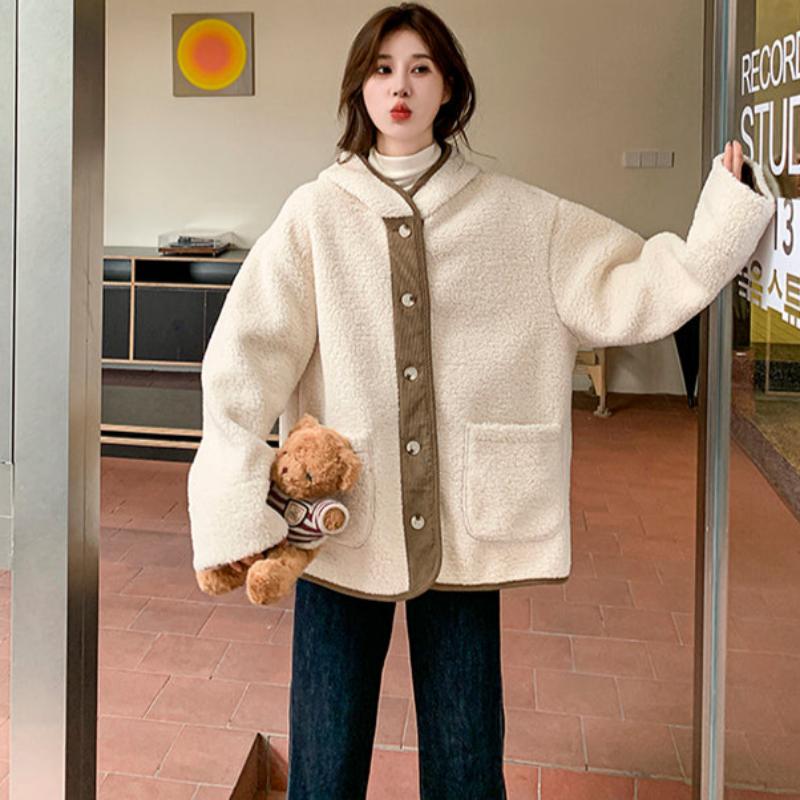 フード付きラムウールボアコート（ベージュ）秋/冬 ふんわり暖か