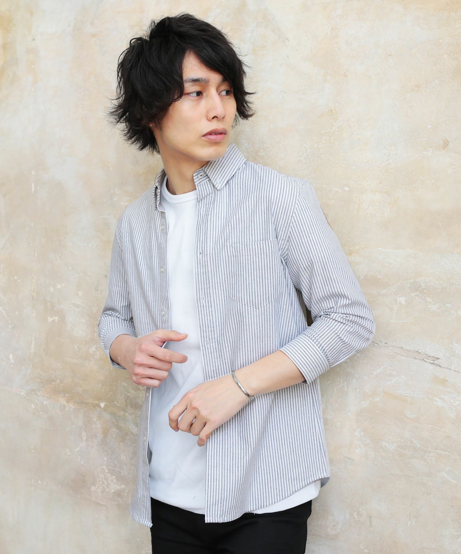 ボタンダウン先染めオックスフォードストレッチ半袖・7分袖シャツ