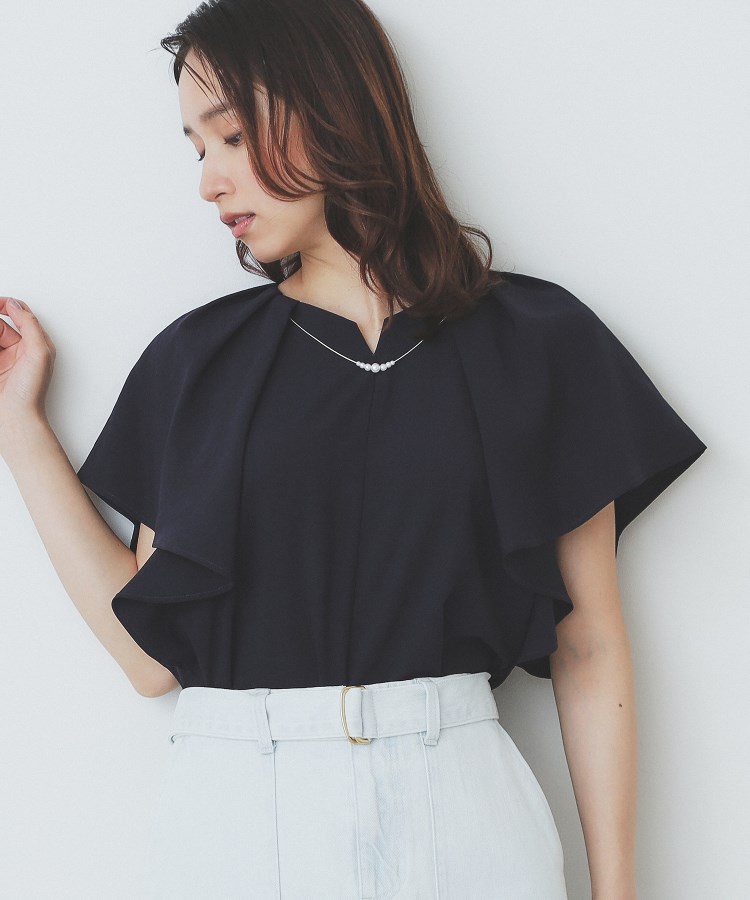 7色展開/S-LLサイズ》フリルタックスリーブキーネックブラウス【吸水速