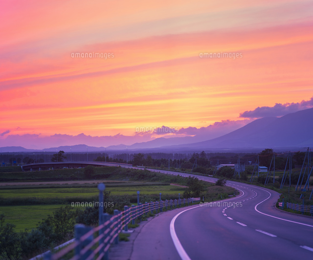 北海道 十勝平野 点景 夕焼けに続く道[10190001189]の写真・イラスト
