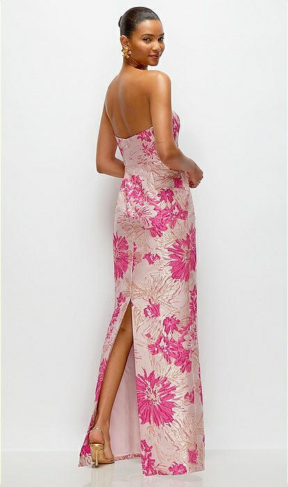 Hibiscus Pink Strapless Floral Jacquard Column Bridesmaid Dress