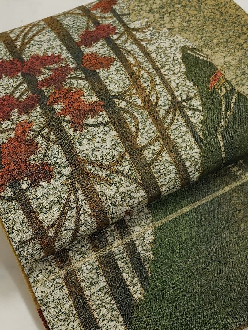 袋帯 奥の細道 大村禎一 落款 モダン 紬地 お洒落 草色 茶会 正絹 美品