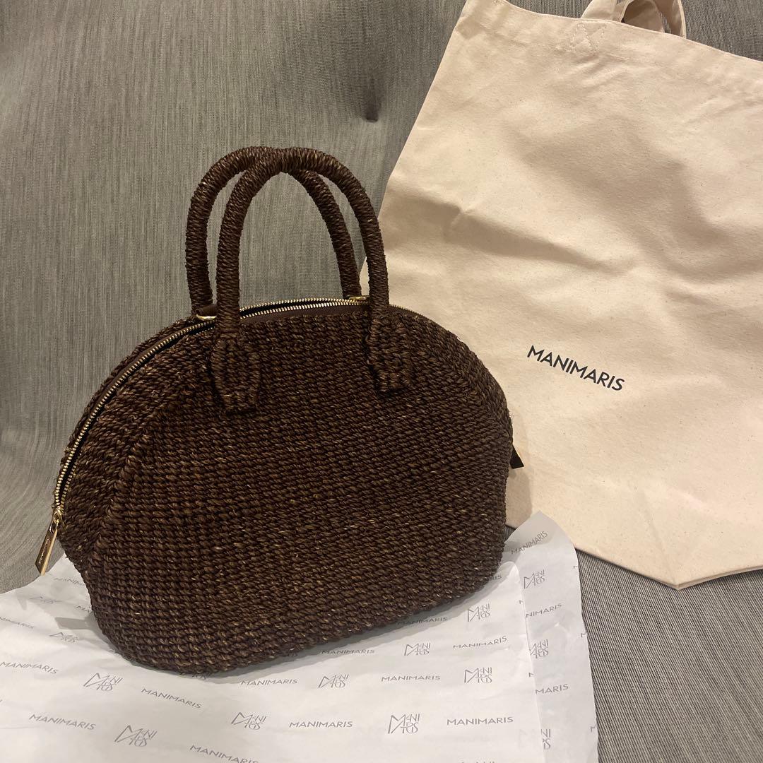 Manimaris アバカボストン mini チョコかごバッグ　ショルダー紐付 国産 山ぶどう蔓かごバッグ「ミニバッグ・石畳」革ショルダー紐付