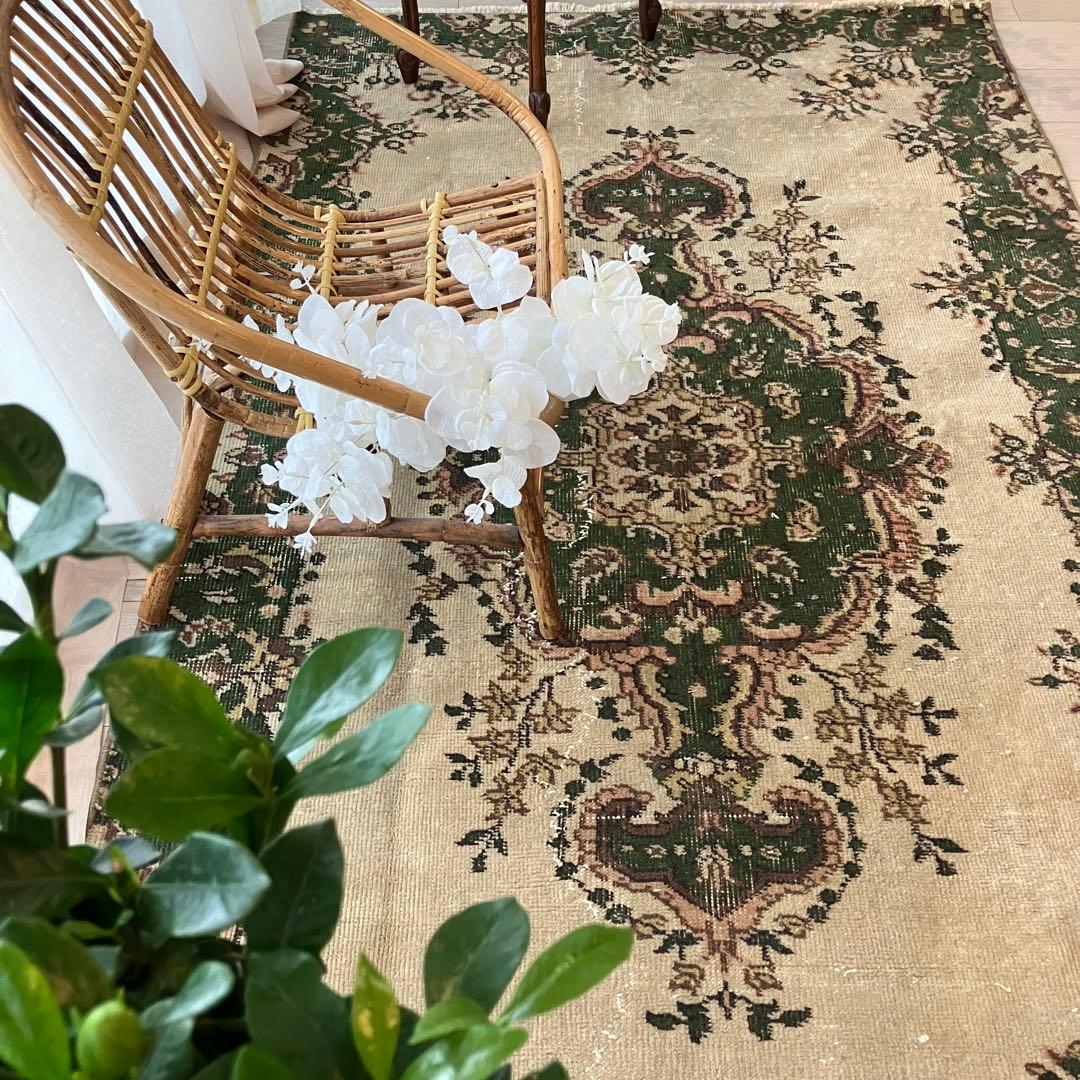 メダリオン113×199カーキ リッチwool グリーン トルコヴィンテージラグ