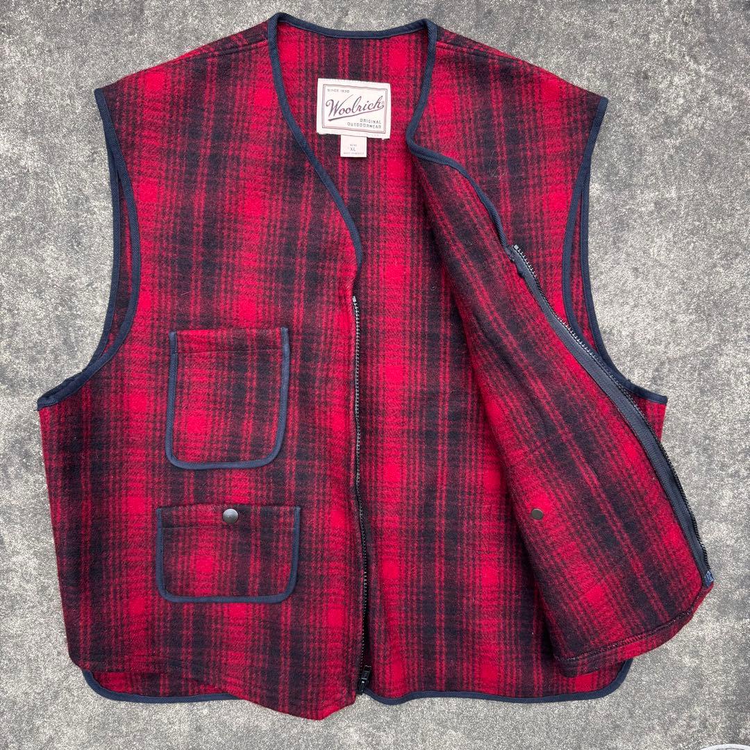 ウールリッチ 90´s ウールベスト シャドーチェック 赤 黒 XL 肉厚 極暖