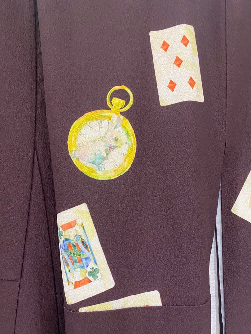 居内商店 トランプ模様 うさぎ柄 袷着物 ボルドー 不思議の国のアリス