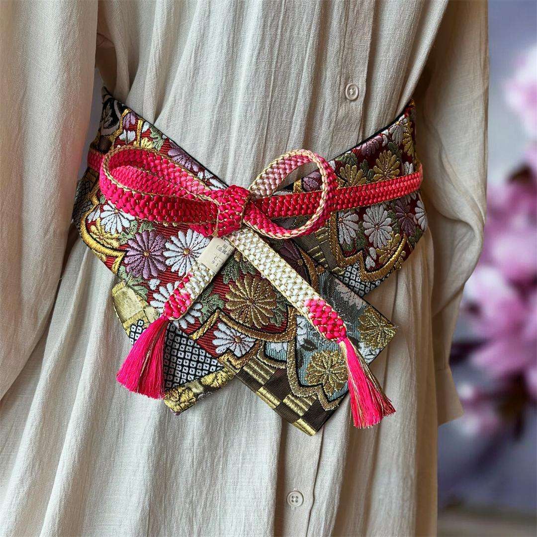 サッシュベルト 振袖帯 リメイク｜市松と桜☆ピンク帯締め 和洋折衷