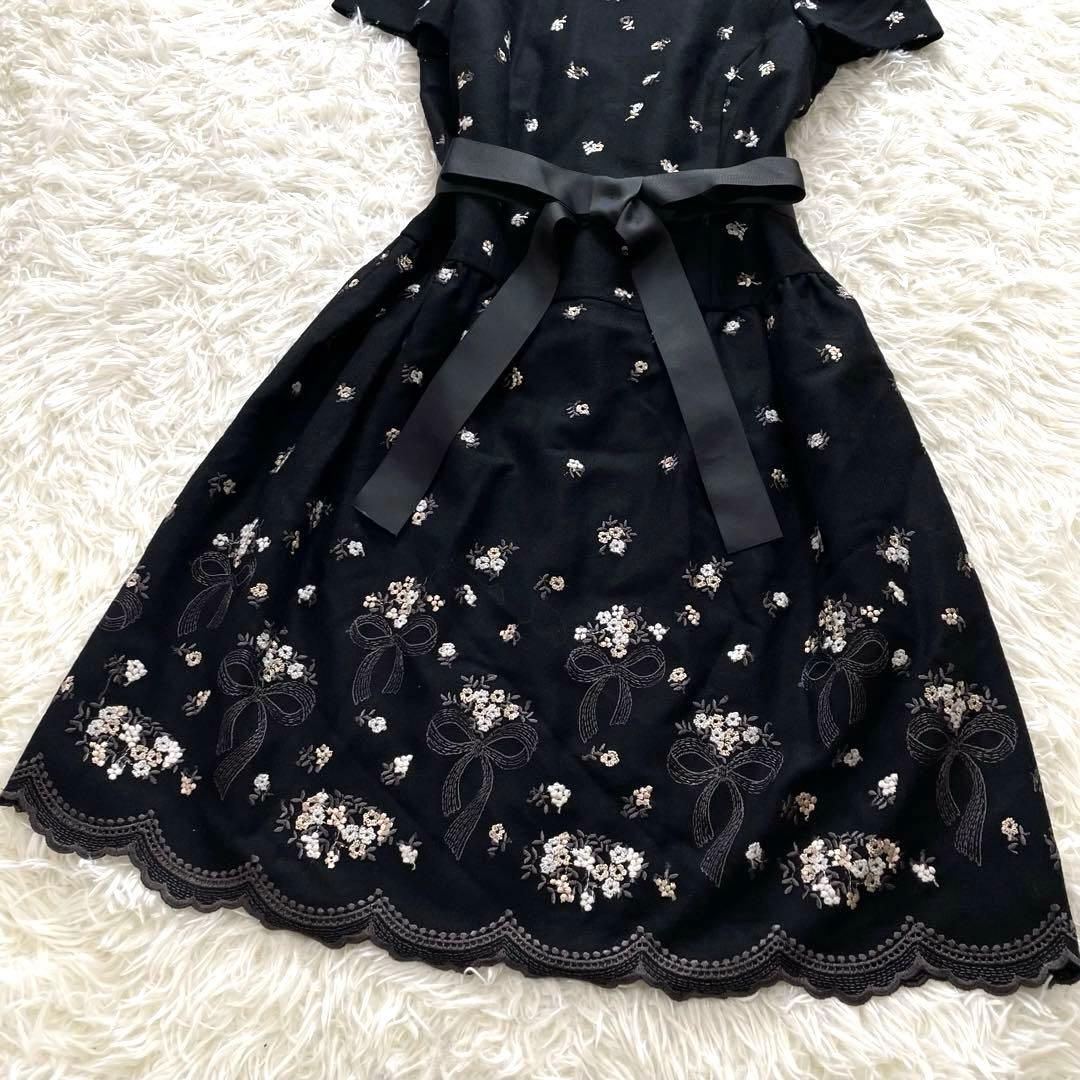 大きいサイズ✨エムズグレイシー ワンピース 42 XL 黒 花 刺繍 リボン
