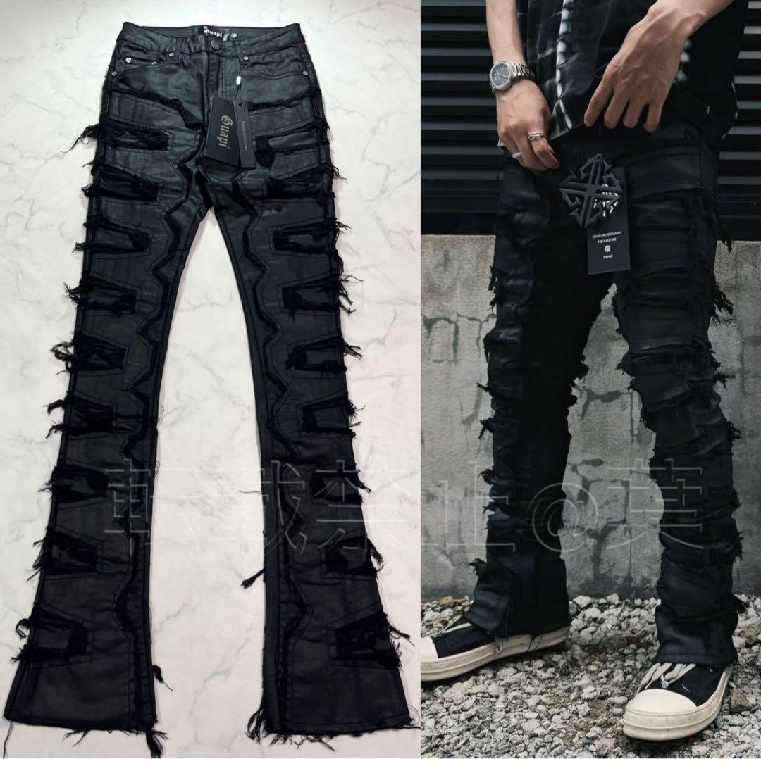 グアピGUAPI ワックス加工 サイドクラッシュスキニーフレアデニム 黒