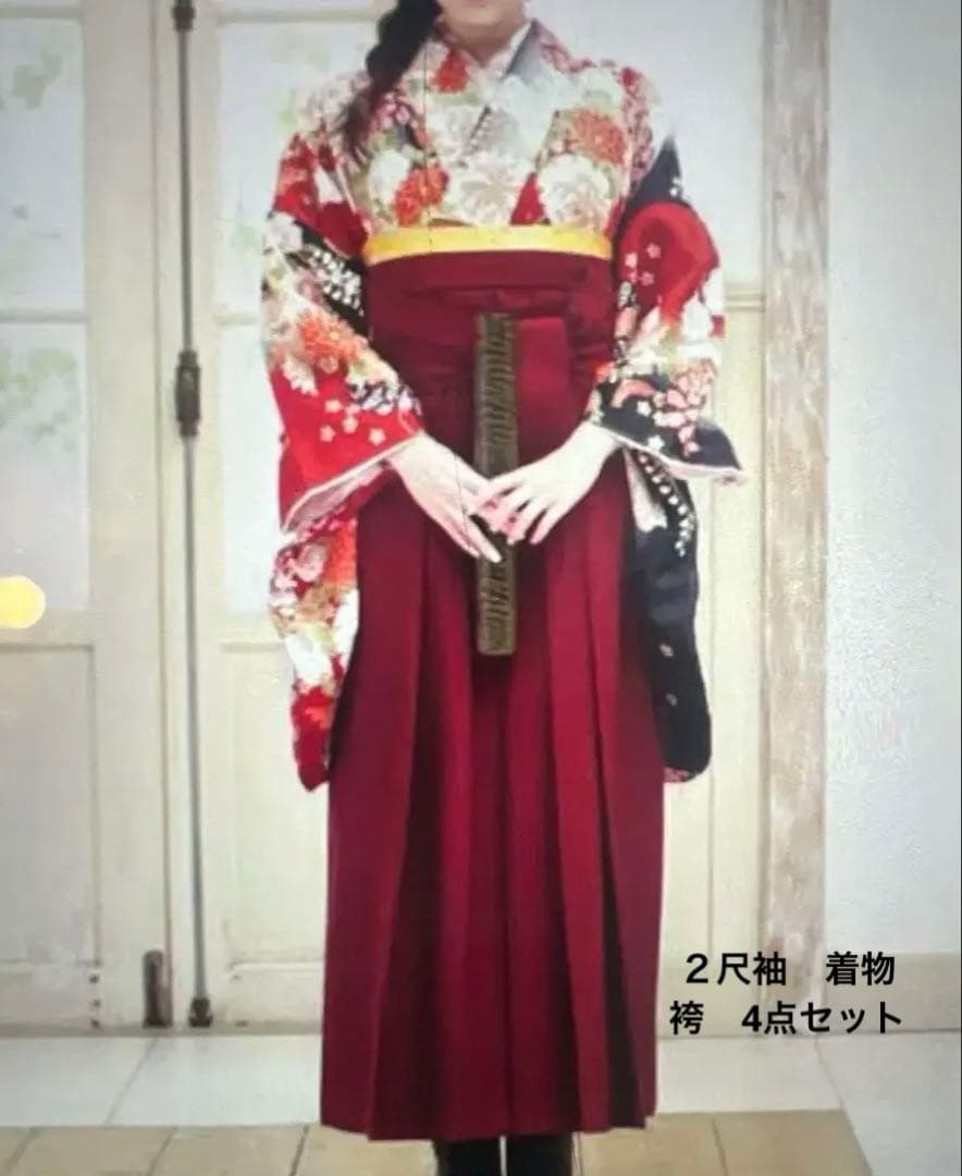 着物 袴 下帯 襦袢 4点セット２尺袖 牡丹桜藤 古典柄 吉祥文様 袴 セット 女性 4点セット「二尺袖：牡丹に菊 パールピンク＋袴