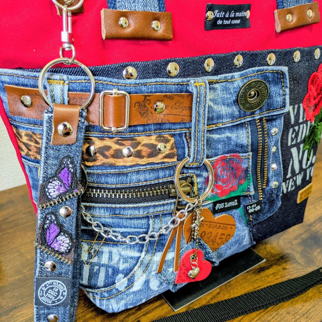 デニムリメイク 2wayトート｜薔薇刺繍×ステンシル・ポケットたくさん