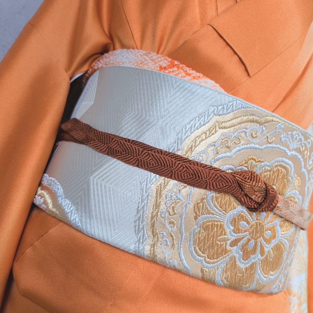 訪問着 フルセット 着物 正絹 オレンジ 橙 明るい 金駒刺繍 O8 - メルカリ