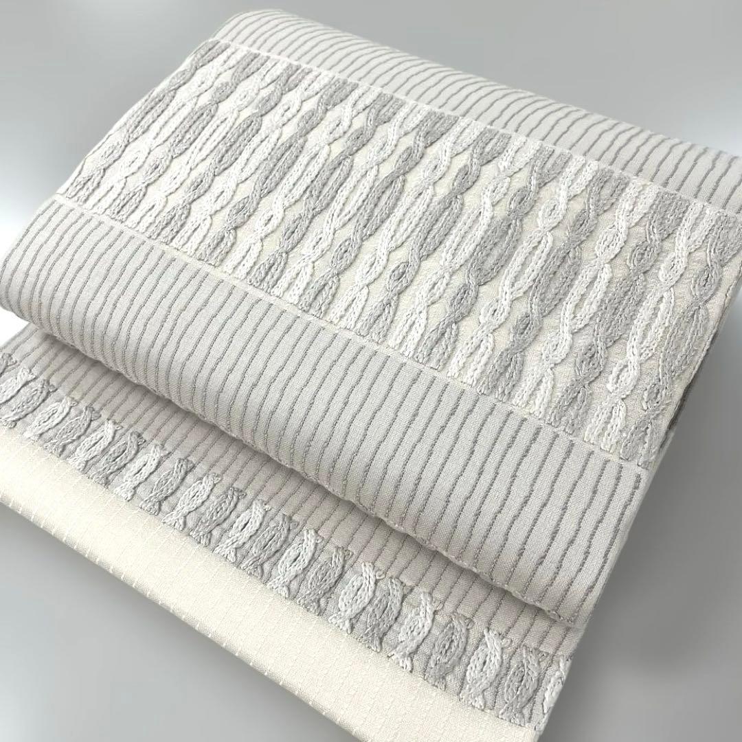 正絹　仕立て上がり西陣袋帯　組紐柄織　オフホワイト×グレー NISHIORI 西陣 帯 正絹 袋帯 銀 シルバー 白 乱菊 西陣織 お仕立て