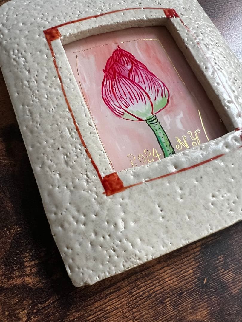 貴重・岩井窯 山本教行さんの陶器・ガラス絵 蓮子花