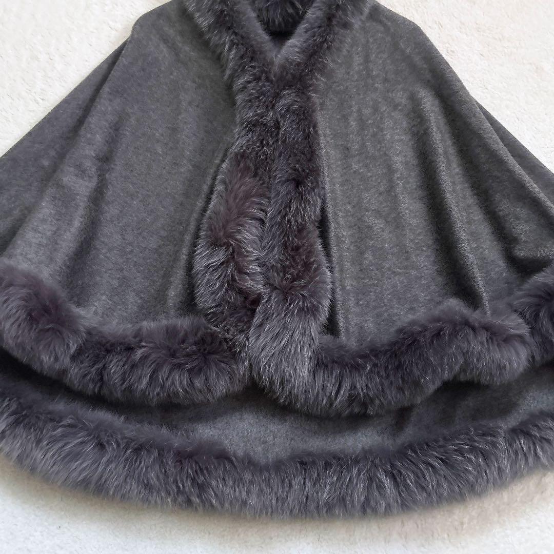 《美品》ツカキ カシミア100% ファー ポンチョ ケープ グレー 高級 上質
