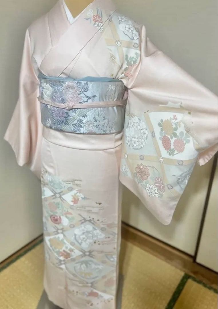 訪問着　フルセット　4点　卒業式　入学式　結婚式　帯　帯揚げ　帯締め　淡色 袷 正絹 訪問着 フルセット 4点 卒業式 入学式 結婚式 M〜L カ②-6