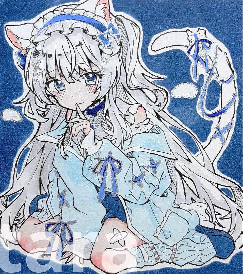 手描き イラスト オリジナル アナログ 色紙 ハーフツイン 女の子