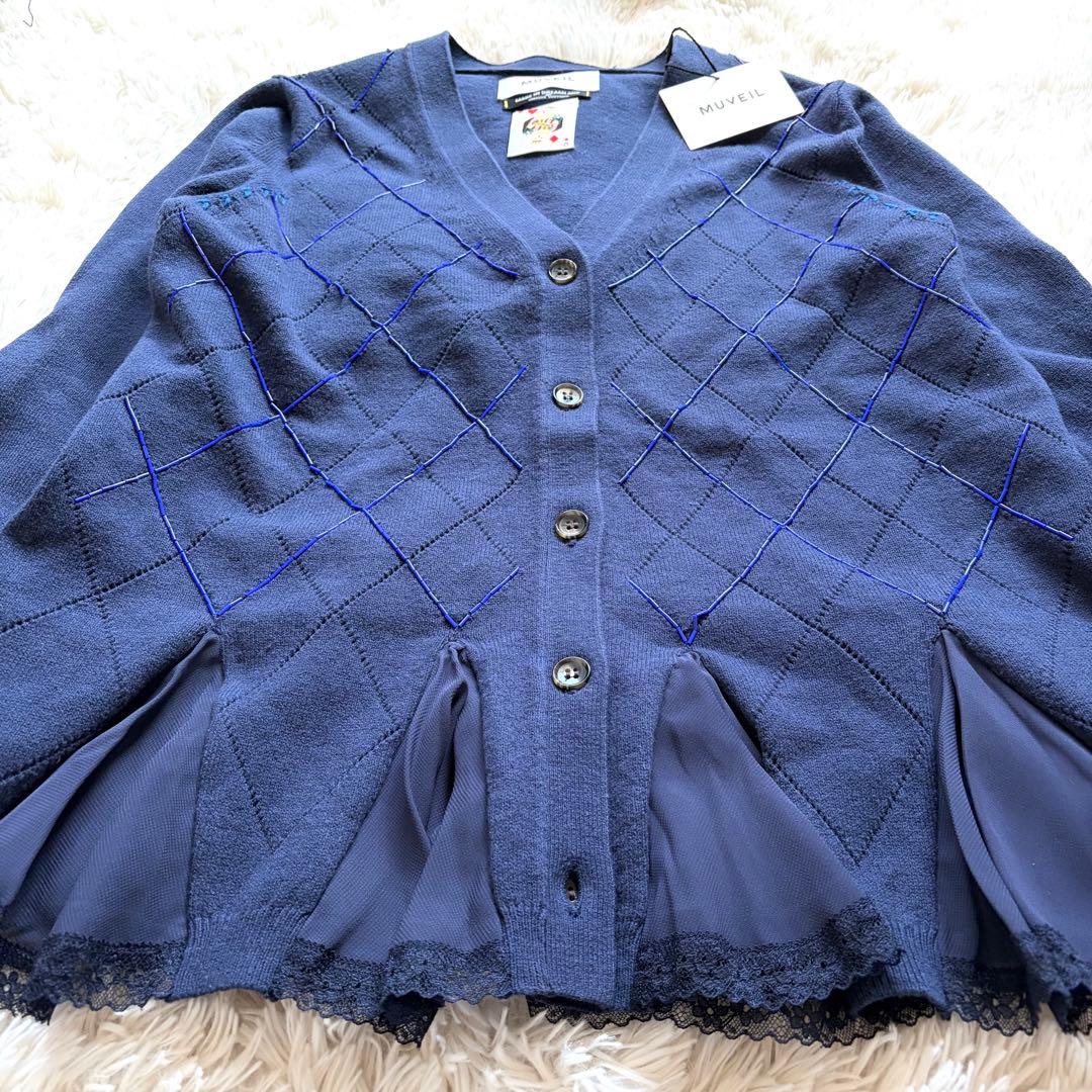 未使用 ミュベール 刺繍 アーガイル ニット レース カーディガン