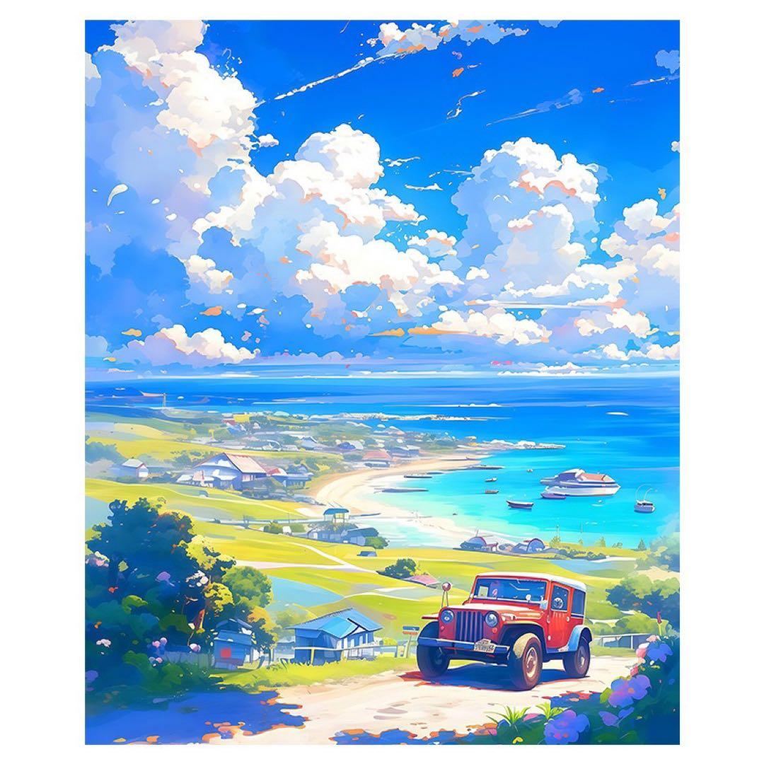 風景画 青空と海と車 水彩画・原画「風景画・海と車（フィアット500L） - tamiのアート