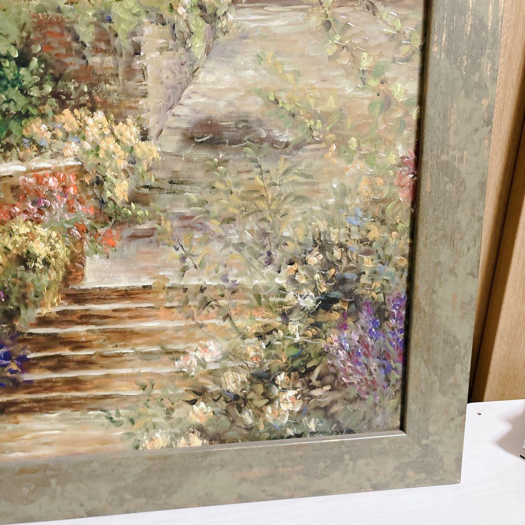 美品】ロンゴ『パティオガーデン 階段と花壇』風景画 額装 大型 縦76×横