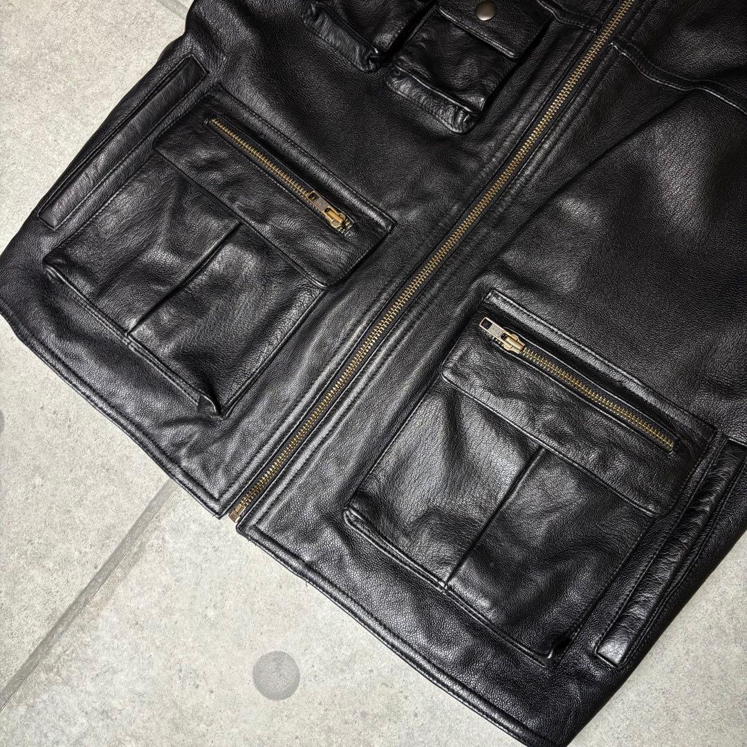 ヴィンテージ レザーベスト 本革 90s ギミック マルチポケット シンチ