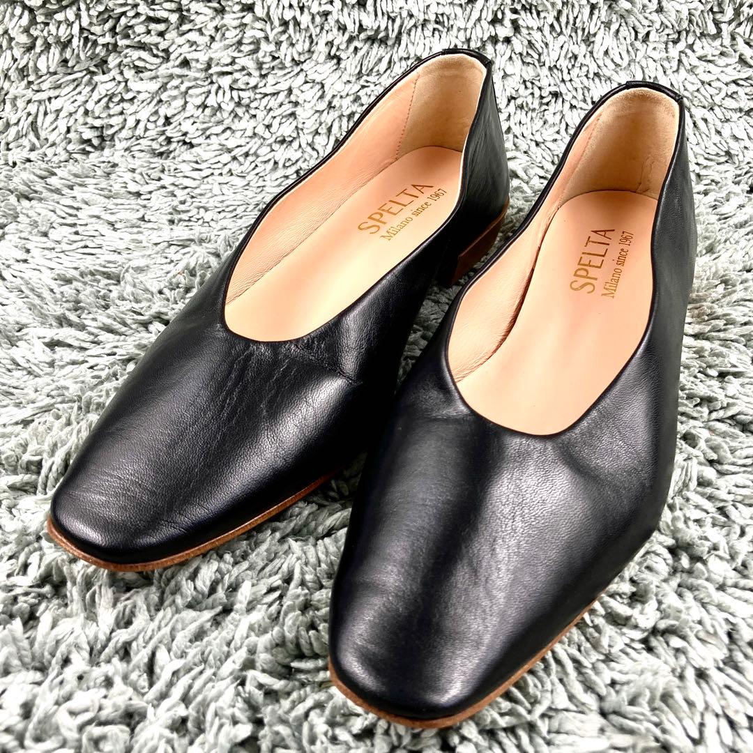 未使用級 スペルタ フラット オールレザー ブラック イタリア製 パンプス フラット リボン ラウンドトゥ スペルタ バレエシューズ パンプス 30代