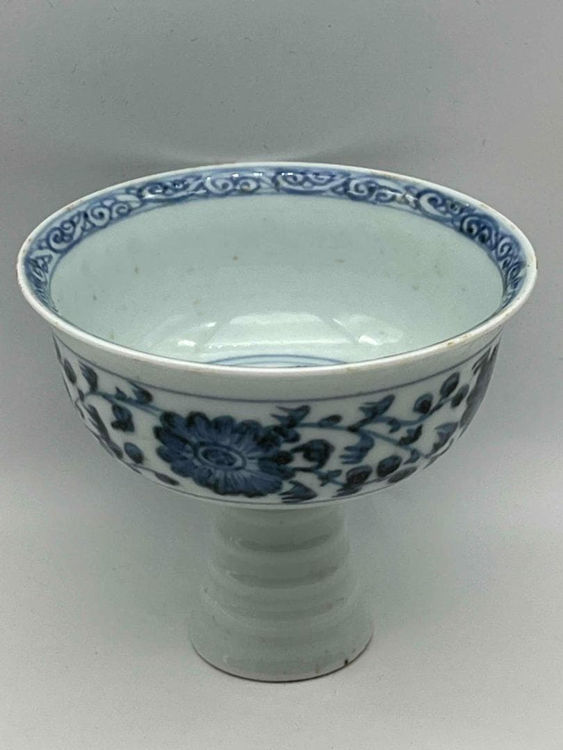 田中 野夫 元時代青花纏枝蓮紋 松竹梅紋三清図高足杯馬上杯酒杯(F-91) 田中 野夫 元時代青花纏枝蓮紋 松竹梅紋三清図高足杯馬上杯酒杯(F-91