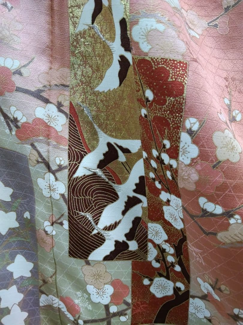 F-274 訪問着 金彩 染め分け 暈し 袷 鶴 松 梅 流水 緞子地 美品