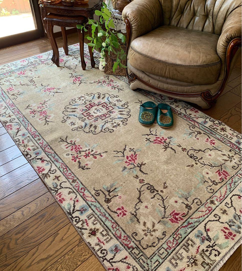 シノワズリ 213×110 トルコヴィンテージラグ ペールカーキ トルコラグ