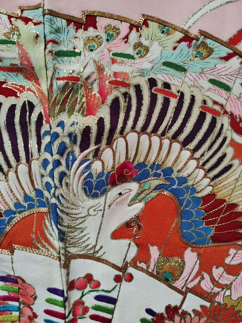 アンティーク振袖 ピンク 状態悪い 金駒刺繍 鳳凰 伝統柄振袖 牡丹刺繍