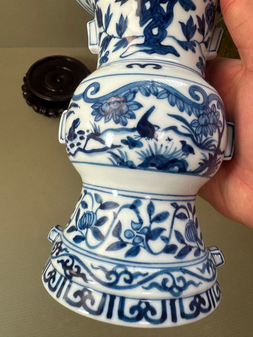 2903 中国骨董 大明萬暦年製銘 染付唐草青花 花瓶 花台付 時代物