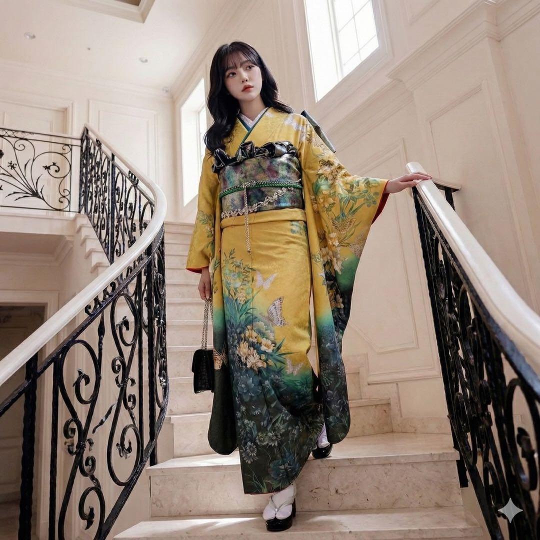 山本寛斎 ファーショール付き イエローグリーン 振袖 フルセット