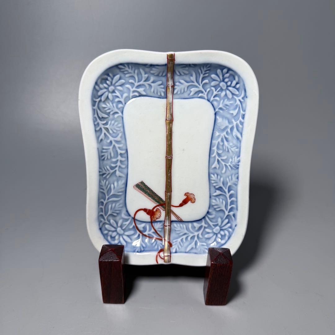 明治時代 有田焼 岩松平吾 色絵軍配形皿 五枚 角岩印 陽刻 珍品 器を