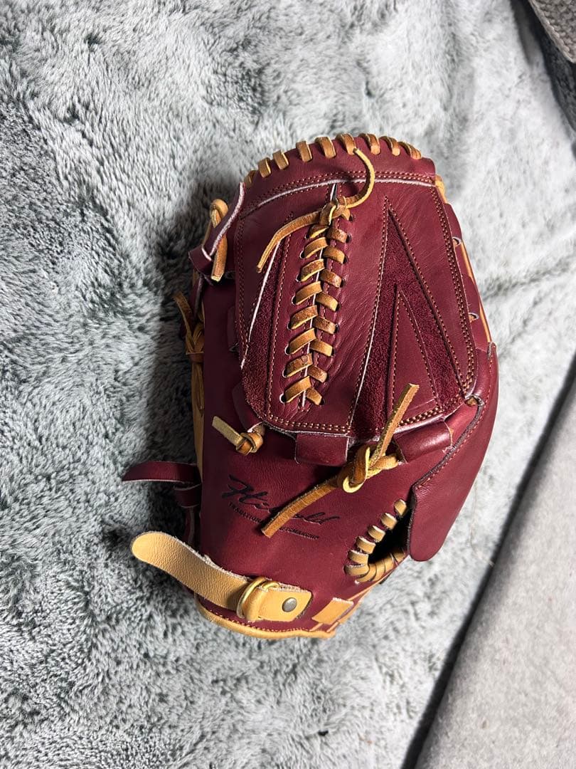 硬式軟式両用野球グローブ エンジと黄色 ハイゴールド R】 ハイゴールド 硬式グローブ 内野手用 野球 真極 軟式グローブ